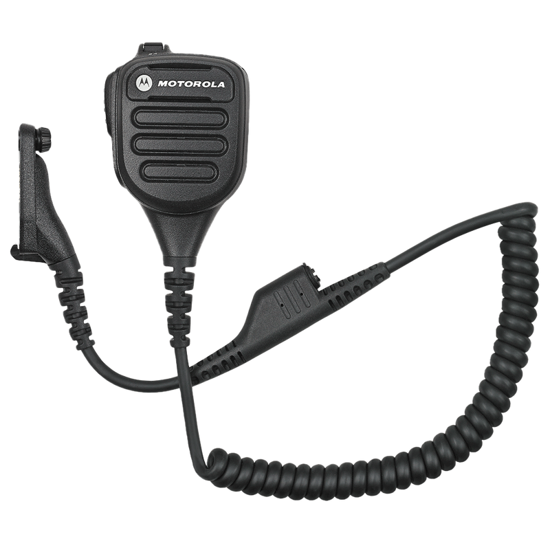 Full kit view of the Motorola NNTN8383 IMPRES Industrial Noise Cancelling Remote Speaker Microphone (RSM). This unit features a threaded 3.5mm audio jack and is UL Approved (intrinsically safe).