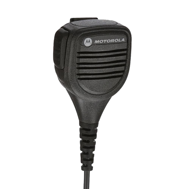 Front view of the Motorola PMMN4013 Remote Speaker Microphone (RSM). This unit is intrinsically safe (UL approved) with an integrated audio jack in the microphone head and a swivel clothing clip.